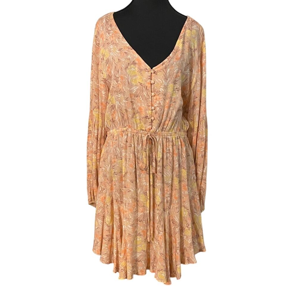 Cozy Co Boho Peach Long Sleeve Mini Dress Pockets Large Prairie Soft Girl Flowy‎
